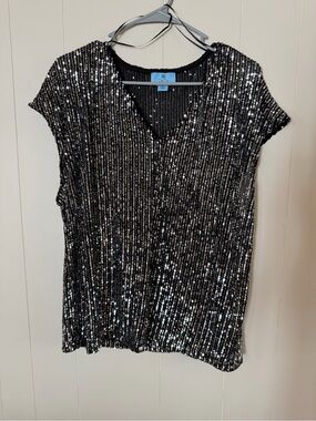 CeCe Black Sequin V-Neck Short Sleeve Top
